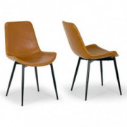 Set of 2 Alary Caramel Brown Faux Leather Modern Dining Chair with Black Iron Legs