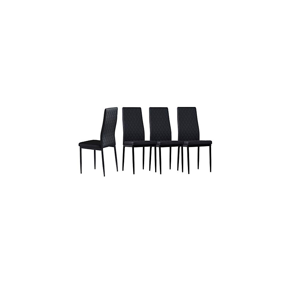 Set of 4 Leather Dining Chairs Set, with Upholstered Cushion & High Back, Powder Coated Metal Legs, Rhombus Pattern Seats, Ho
