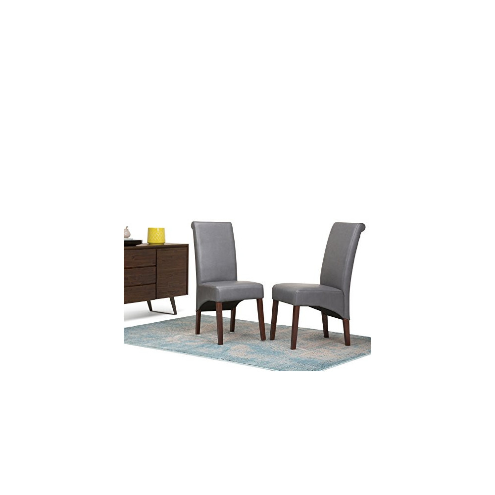 SIMPLIHOME Avalon Deluxe Parson Dining Chair  Set of 2 , Stone Grey Faux Leather and SOLID WOOD, Square, Upholstered, For the