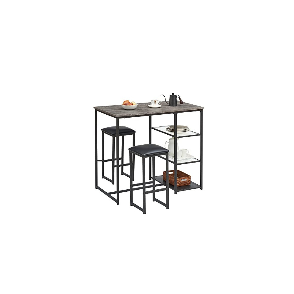 VECELO Kitchen Bar Table Dining Set for 2, High Top, PU Padded Chairs, Space Saving and Storage Shelves, Black