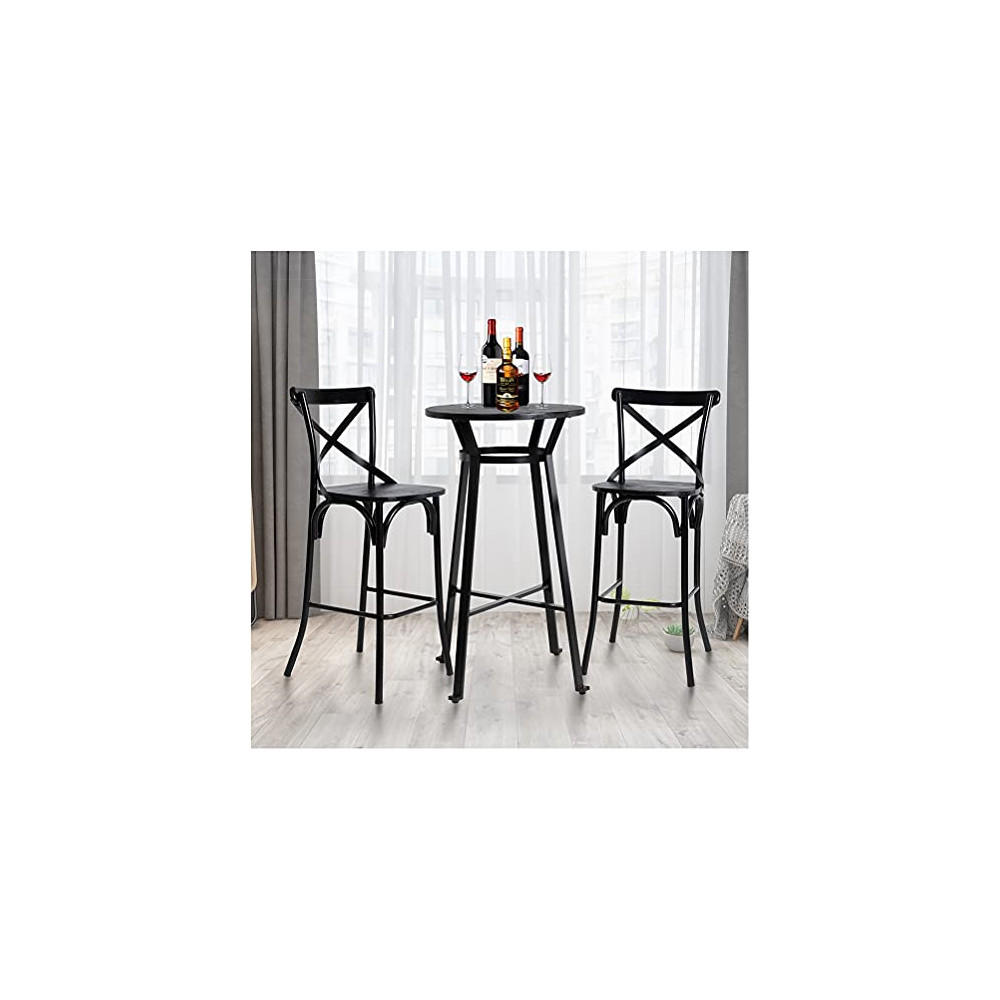 Glitzhome 3 Pieces Black Steel Round Bar Table and Bar Stools with High Backest Set Dining Table and Chairs Set