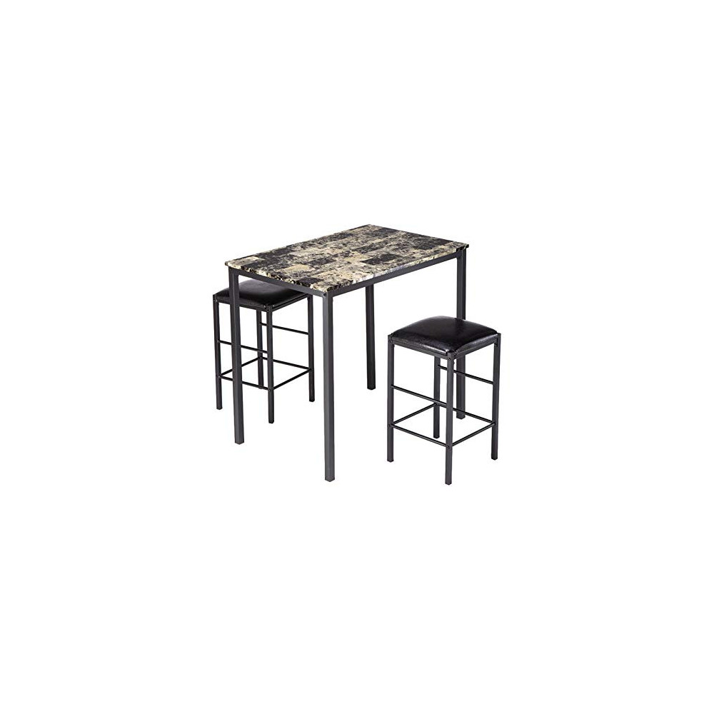 Marble Face High Dining Table and Chair Cushion Black 3 Piece Set 1 Table 2 Chairs Dining Table Stools Sets for Farmhouse Bar