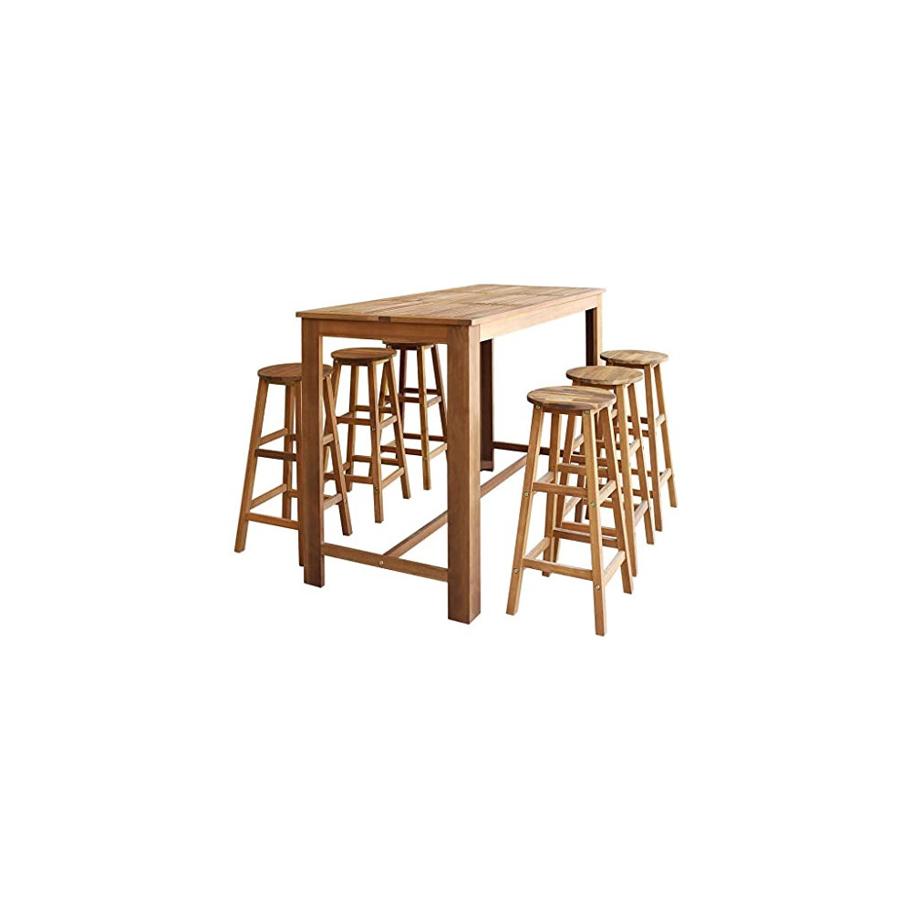 Jinxuny 7 Piece Bistro Set, Solid Acacia Wood Bar Table with 6 Counter Height Stool Chairs Dining Set for Dining Room Kitchen