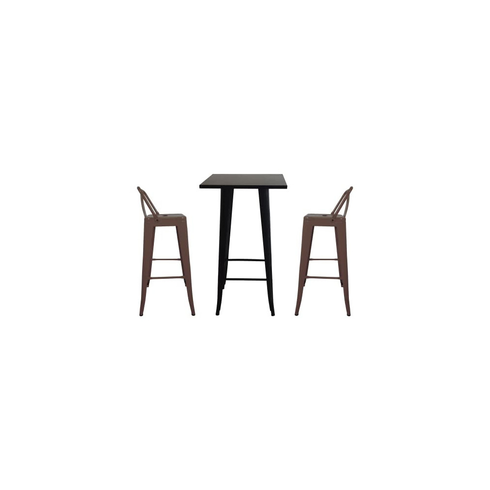 Simpol Home 3 Piece Pub Bar Dining Table Set with 2 Barstool Chairs, Metal Frame for Kitchen, Patio, Bistro, Brown