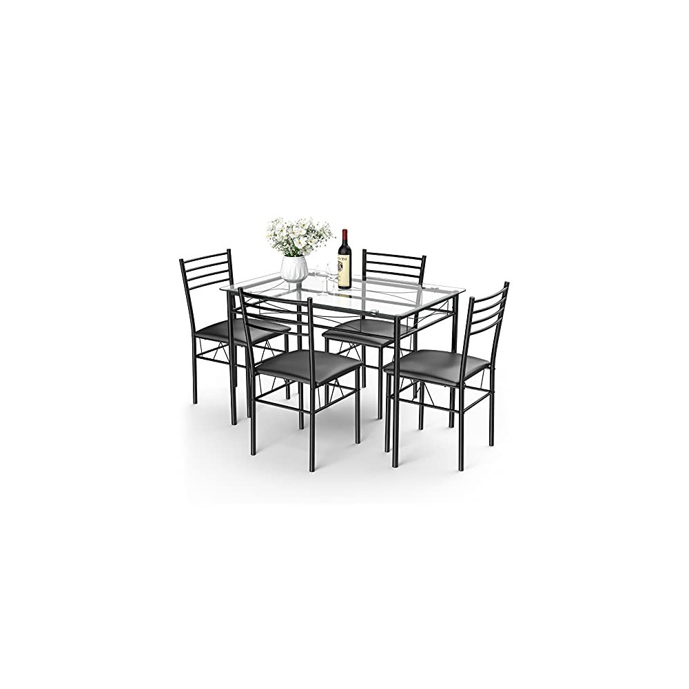 Tangkula Dining Table Set, 5 Pieces Dining Set with Tempered Glass Top Table and 4 Chairs, Kitchen Dining Room Furniture, Bla
