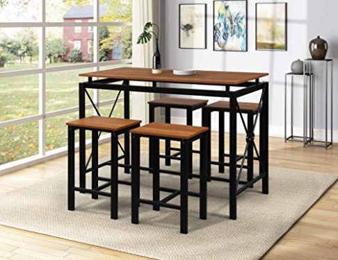5 Pieces Dining Table Set Counter Height Kitchen Table and 4 Stools Chairs Bar Pub Breakfast Table Set Wood Table Top with Me