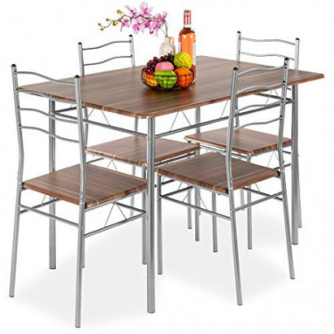Best Choice Products 5-Piece 4ft Modern Wooden Kitchen Table Dining Set w/Metal Legs, 4 Chairs - Brown/Silver