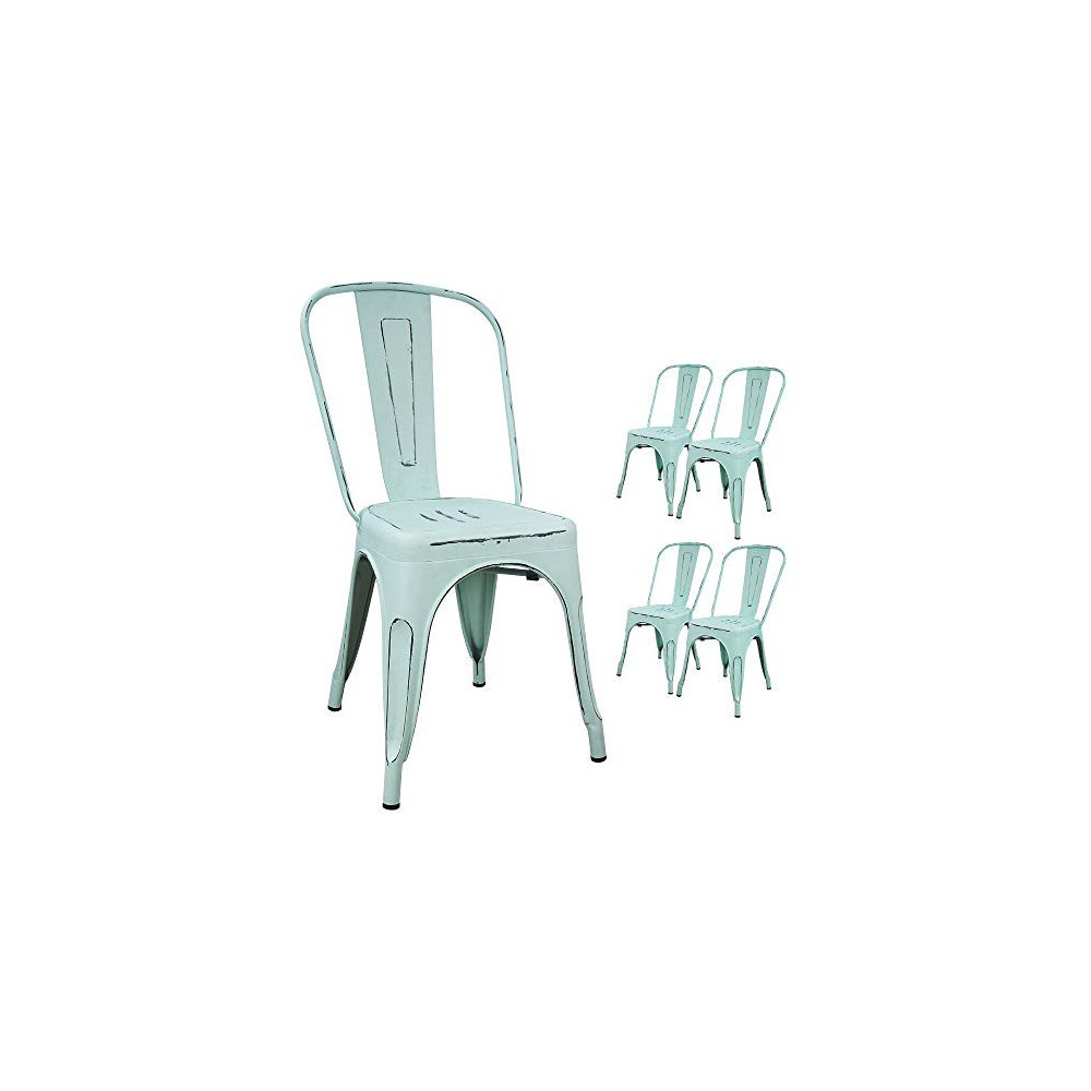 Devoko Metal Indoor-Outdoor Chairs Distressed Style Kitchen Dining Chairs Stackable Side Chairs with Back Set of 4  Blue 