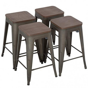 FDW 24 Inches Metal Bar Stools Set of 4 Counter Height Wood Seat Barstool Patio Stool Stackable Backless Stool Indoor Outdoor