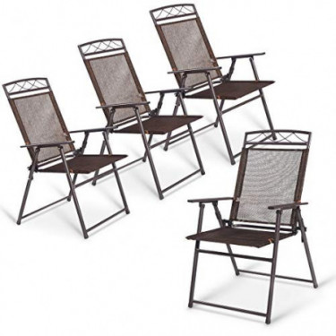 ReunionG Set of 4 Folding Steel Chairs, Portable Outdoor and Indoor Sling Chairs, Patio Dining Chairs with Armrest and Footre