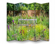 6 Panels Room Divider Screen Partition English Garden with Wooden Bench and Wildflowers Folding Privacy Screen Separator Indo