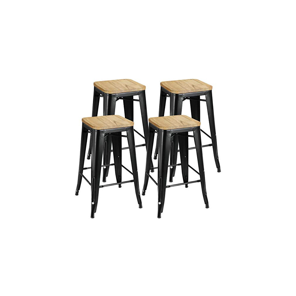 ZENY Set of 4 Metal Bar Stools 26" Counter Height with Wooden Seat Stackable Indoor/Outdoor Barstools, 330 lbs Capacity