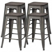 Yaheetech 24 inches Metal Bar Stools Counter Stool Indoor/Outdoor Stackable Barstools Counter Wood Top/Seat Bar Stools Set of