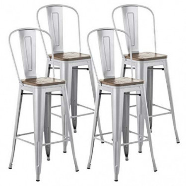 Mecor Metal Bar Stools Set of 4 w/ Removable Backrest , 30 Dining Counter Height Chairs with Wood Seat Metal Frame, Silver