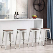 Alunaune 24" Metal Bar Stools Set of 4 Industrial Backless Counter Height Barstools Kitchen Patio Stool Stackable with Wooden