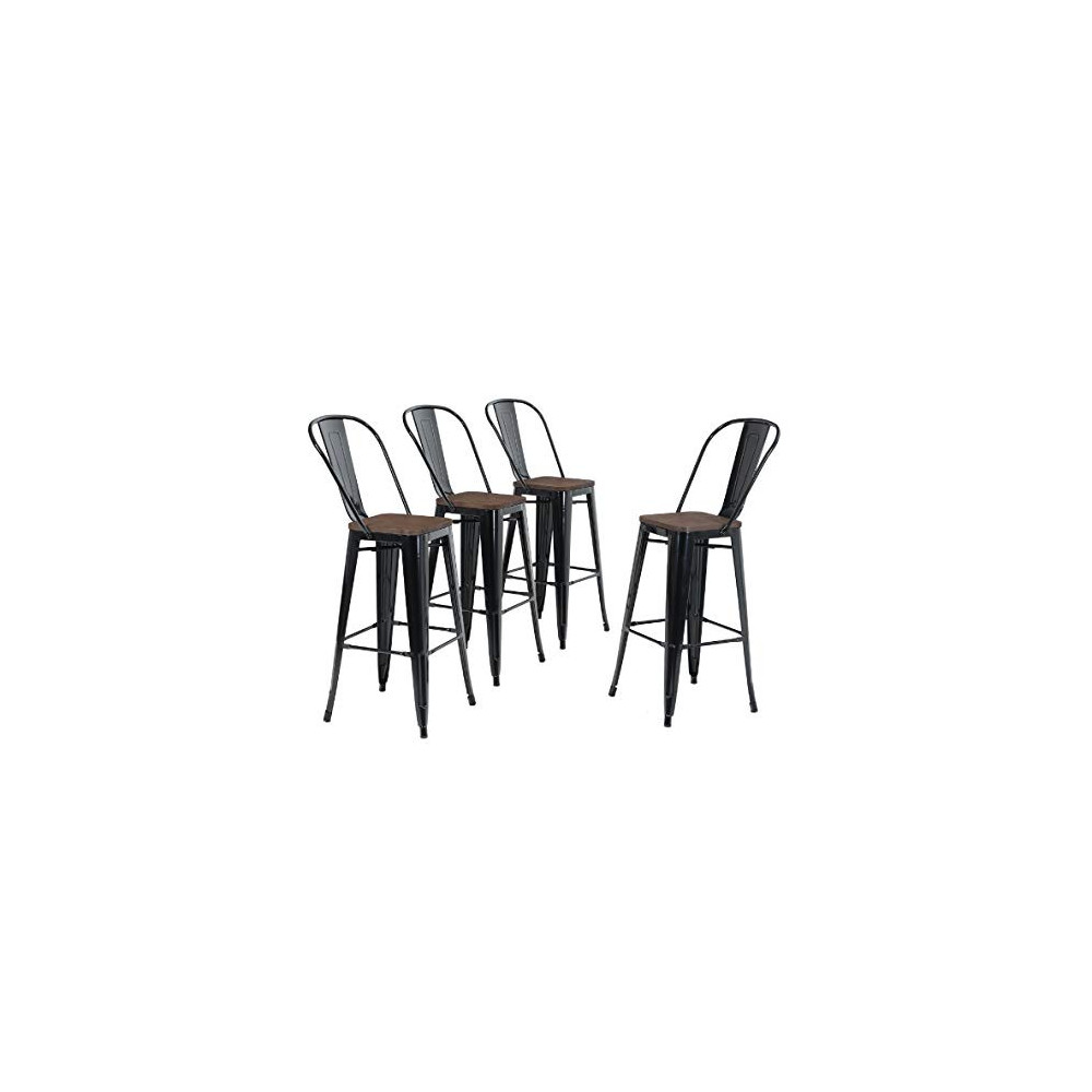 ALPHA HOME 30 High Back Bar Stools with Wood Seat, Metal Indoor-OutdoorDining Coffee Chairs Stackable 4 Industrial Kitchen 