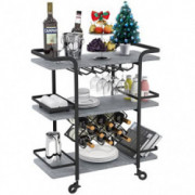 Jubao Bar Serving Cart Mobile Kitchen Trolley Wine Cart, 3 Tiers Storage Shelf with Glass Holder, Wine Rack, Locking Casters,