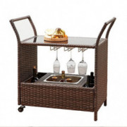 DNYKER Outdoor/Indoor Wicker Bar Cart on Wheels,Patio Wine Serving Cart with Ice Bucket and Glass Countertop,Rolling Small Be