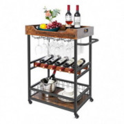 X-cosrack Bar Cart with Wine Rack,Mobile Kitchen Serving Cart with Storage and Glass Holder,Removable Wood Tray, Industrial W