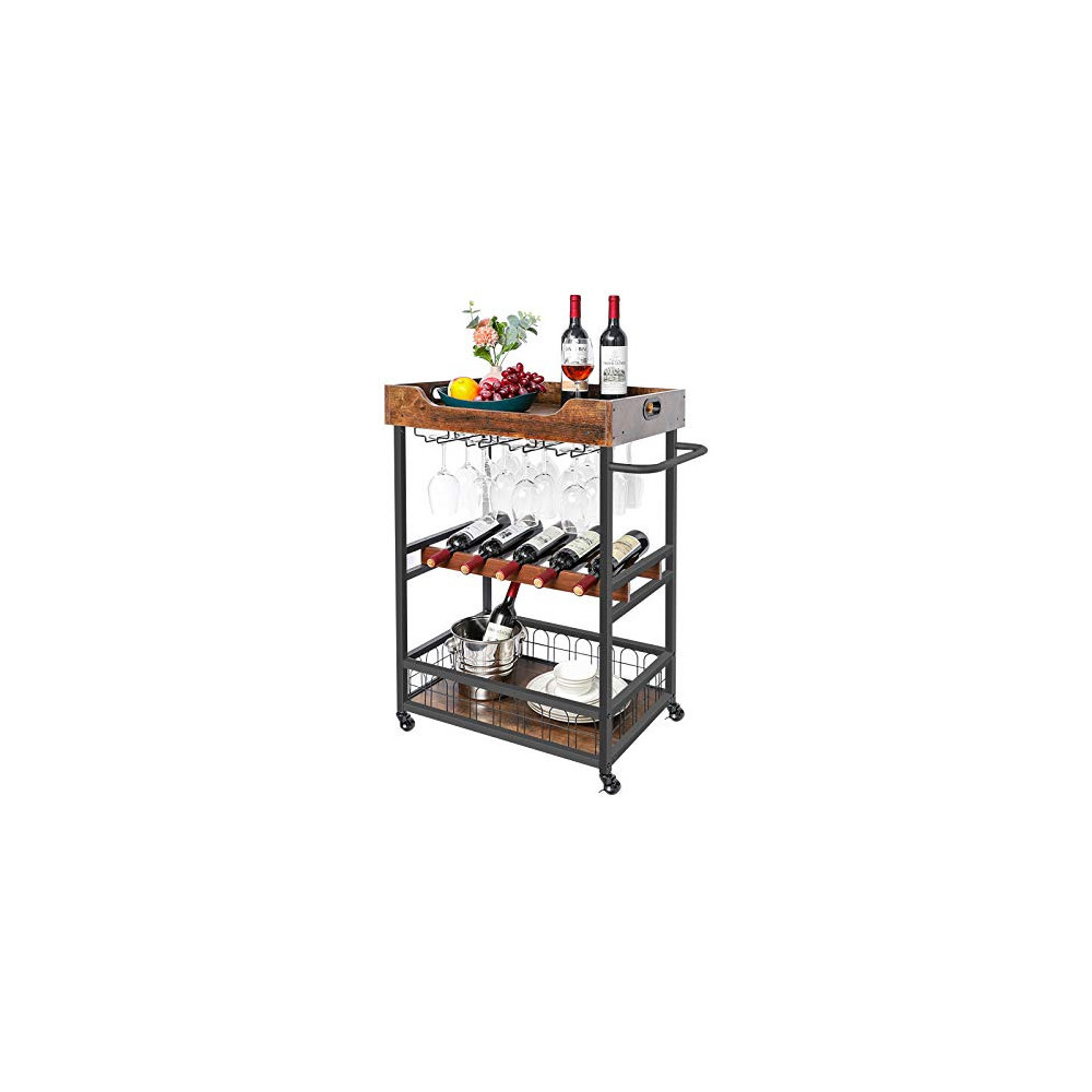 X-cosrack Bar Cart with Wine Rack,Mobile Kitchen Serving Cart with Storage and Glass Holder,Removable Wood Tray, Industrial W