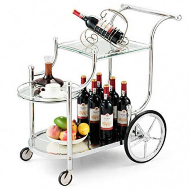 Tangkula Rolling Bar Cart, Metal Serving Cart with Tempered Glass, 3-Tier Glass Bar and Serving Cart, Tea Serving Bar Cart wi