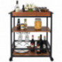 CharaVector Solid Wood Bar Serving Cart,Rolling Kitchen Storage Cart for the Home with Wine Glass Rack and Lockable Caster,Ru