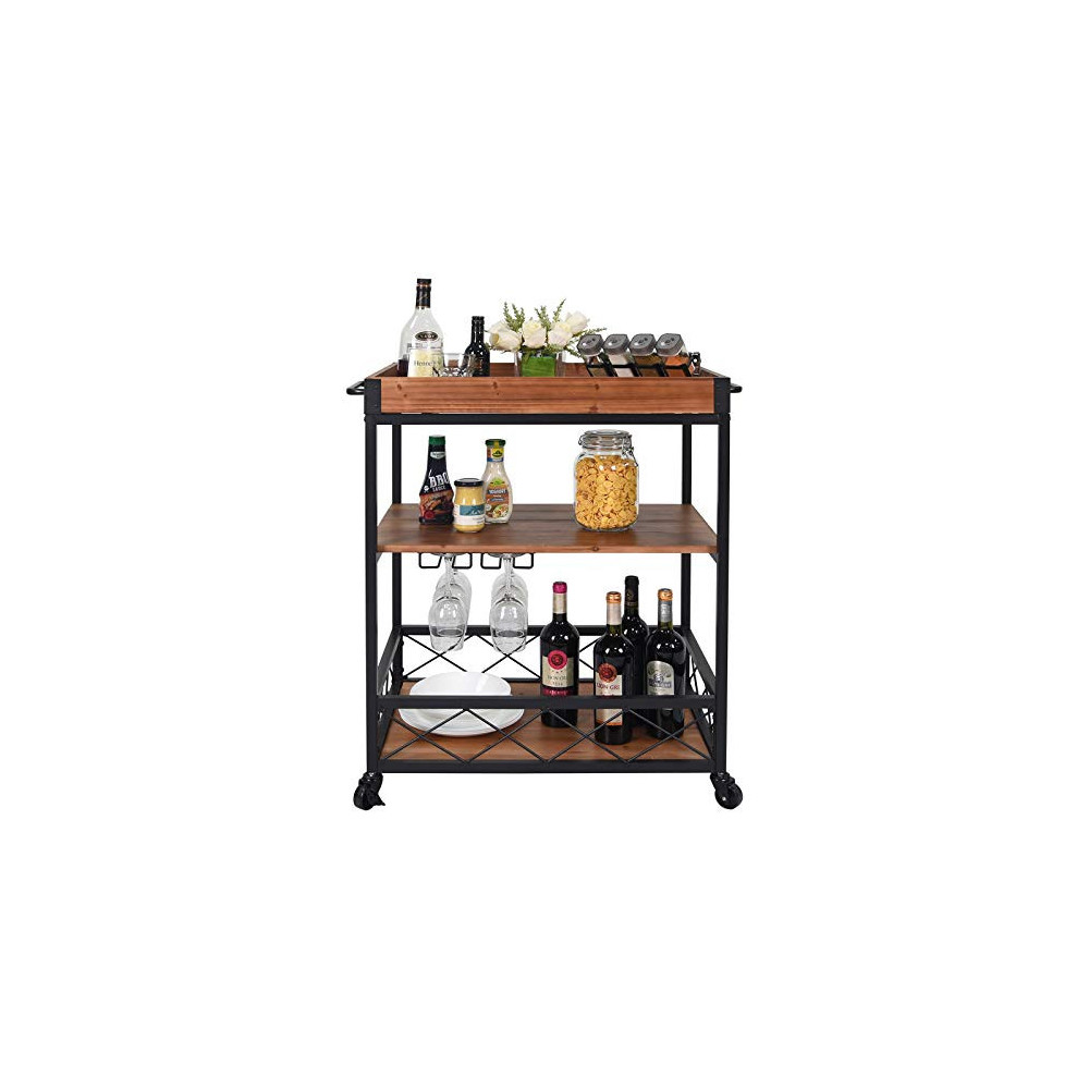 CharaVector Solid Wood Bar Serving Cart,Rolling Kitchen Storage Cart for the Home with Wine Glass Rack and Lockable Caster,Ru