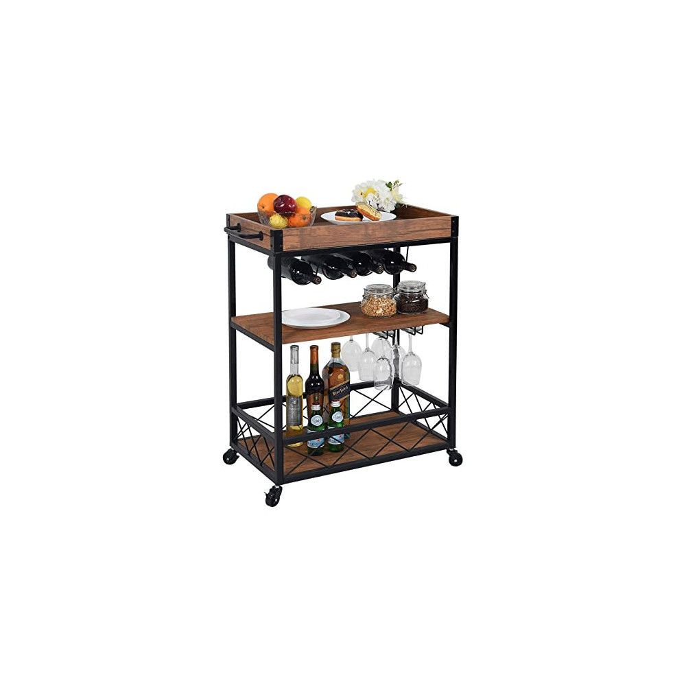 CHARAVECTOR Bar Cart Kitchen Bar&Serving Cart for Home with 3 -Tier Storage Shelves Kitchen Island Cart,Metal Wine Rack Stora