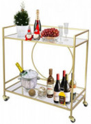 Large Gold Rolling Bar Cart with 2 Mirrored Shelves,, Wine Drink Trolley Cart with Lockable Wheels, Suitable for Kitchen, Clu