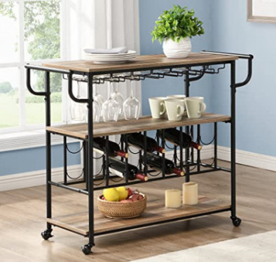 HOMYSHOPY Industrial Bar Cart with Wine Rack and Glass Holder, Mobile Wine Carts with Wheels for The Home, Metal Serving Cart