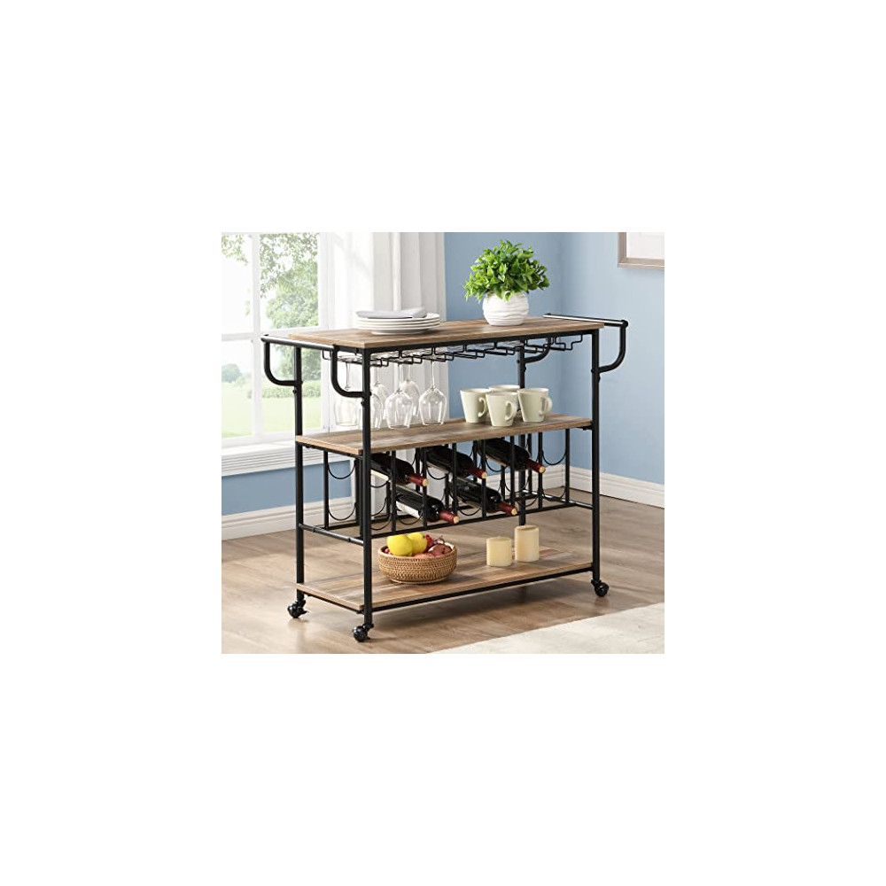 HOMYSHOPY Industrial Bar Cart with Wine Rack and Glass Holder, Mobile Wine Carts with Wheels for The Home, Metal Serving Cart