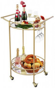 Round Gold Rolling Bar Cart with 2 Mirror Shelves,, Goblet Rack and Lockable Casters, Suitable for Home Kitchen, Club, Living