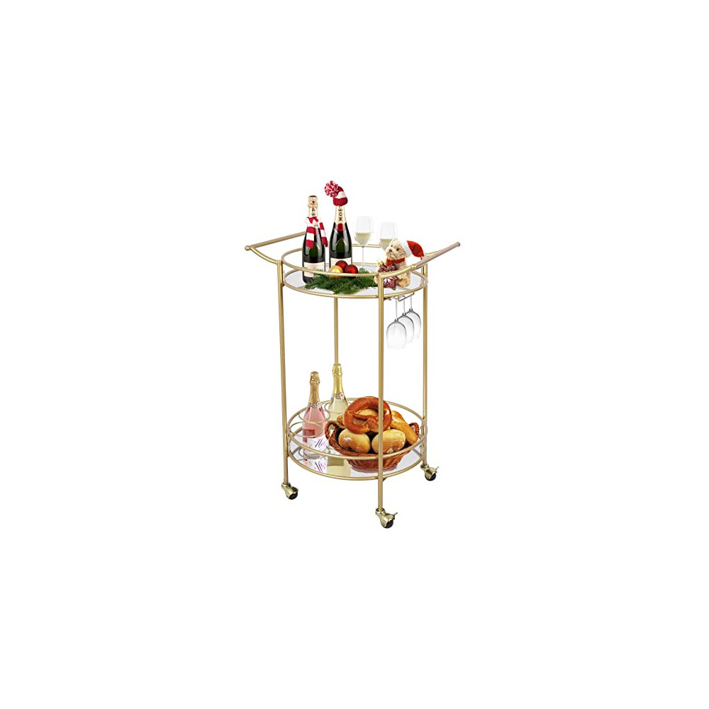 Round Gold Rolling Bar Cart with 2 Mirror Shelves,, Goblet Rack and Lockable Casters, Suitable for Home Kitchen, Club, Living