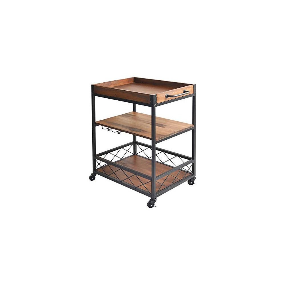 Solid Wood Kitchen Serving Carts Rolling Bar Cart with 3 Tier Storage Shelves Kitchen Island Cart with Wine Glass Holder,Hand