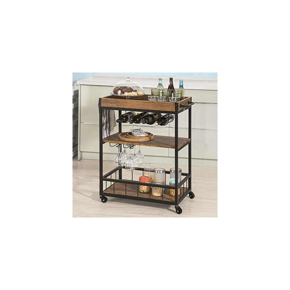 Haotian FKW56-N,Bar Serving Cart Home Myra Rustic Mobile Kitchen Serving cart,Industrial Vintage Style Wood Metal Serving Tro