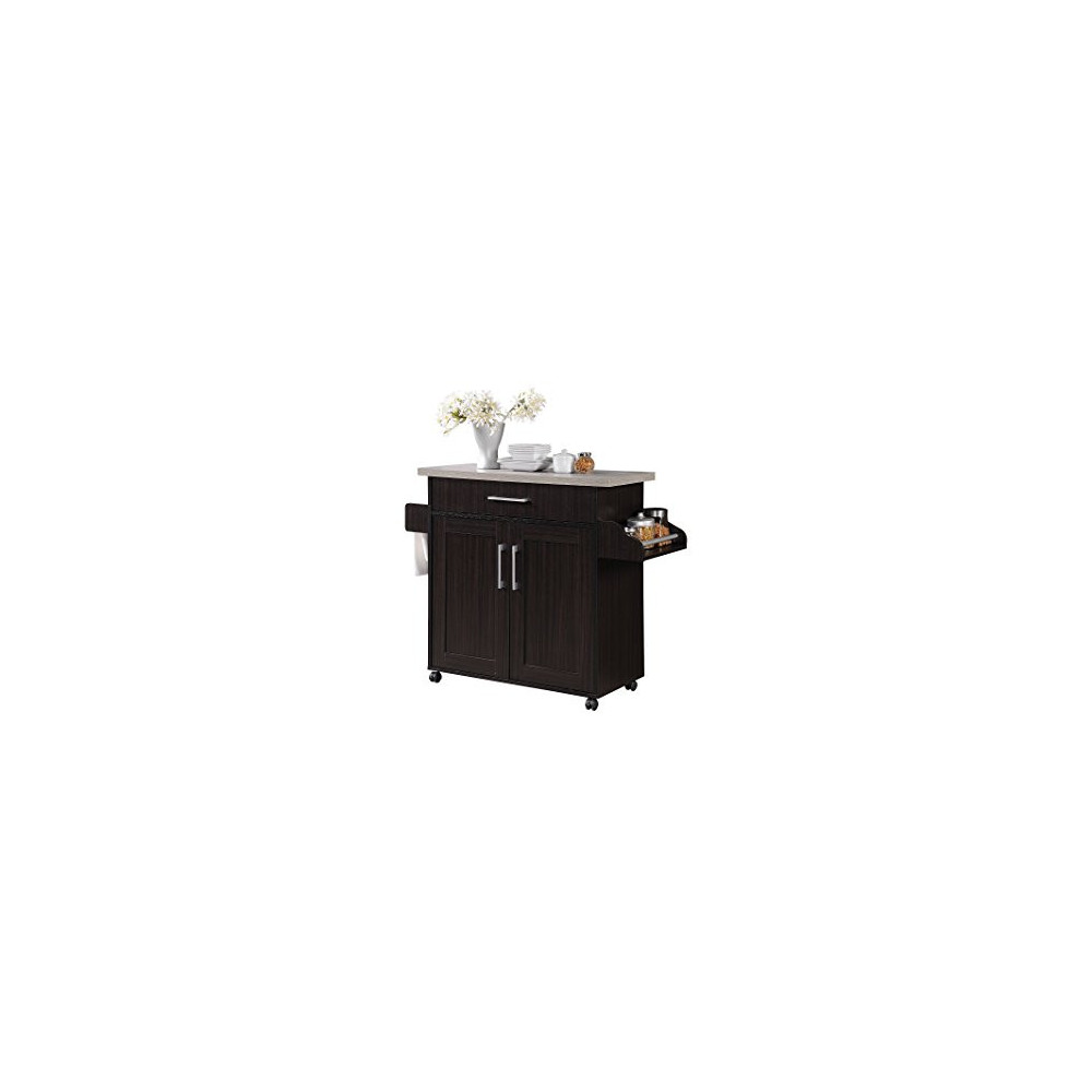 Hodedah Kitchen Island with Spice Rack, Towel Rack & Drawer, Chocolate with Grey Top