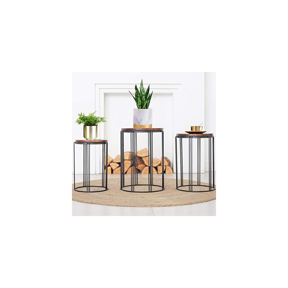 HFHOME Patio Side End Plant Tables Outdoor Set of 3, Round Rustic Metal Wire Frame with Fir Wood Top, Industrial Nesting Stac