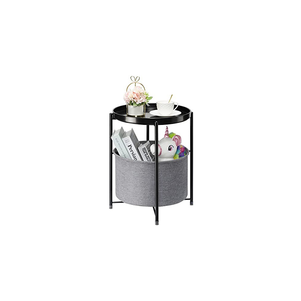 danpinera End Table, Metal Round Side Table, Accent Table Patio Table Nightstand with Fabric Storage Basket and Removable Tra
