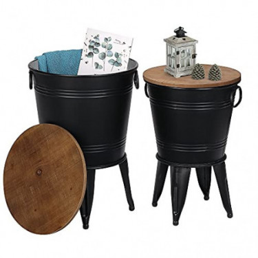 Rustown Farmhouse Accent Side Table, Rustic Antique Galvanized End Coffee or Cocktail Storage Metal Bin with Round Wood Lid S