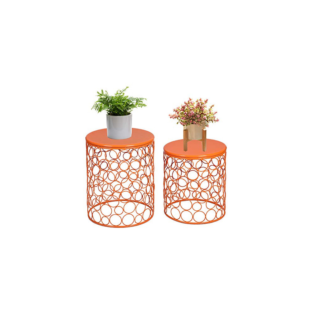 Adeco Home Garden Accents Circle Wired Round Iron Metal Nesting Stool Side End Table Plant Stand, Bubble Pattern, Orange Red,
