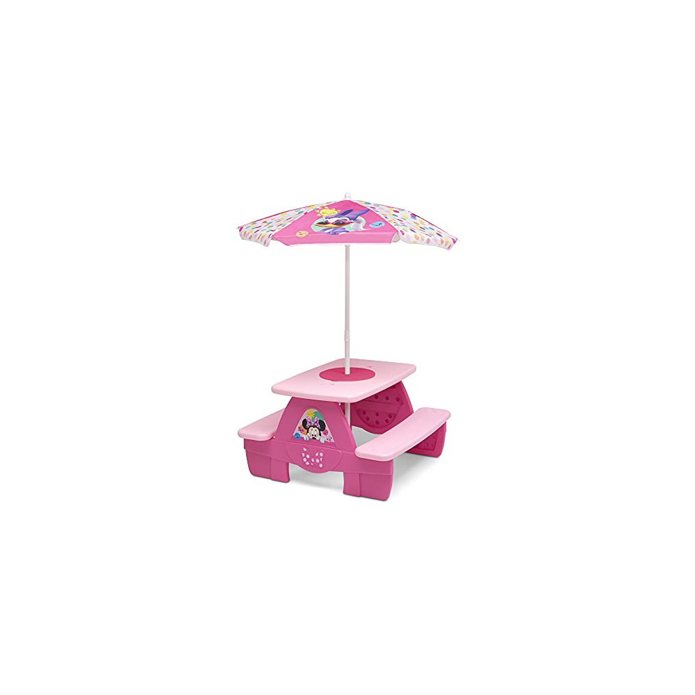 Delta Children 4 Seat Activity Picnic Table with Umbrella and Lego Compatible Tabletop, Minnie Mouse