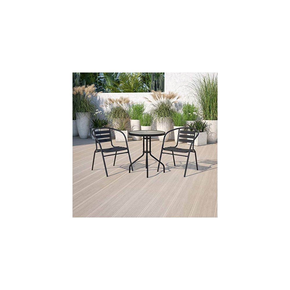 Flash Furniture 23.75 Round Glass Metal Table with 2 Black Metal Aluminum Slat Stack Chairs