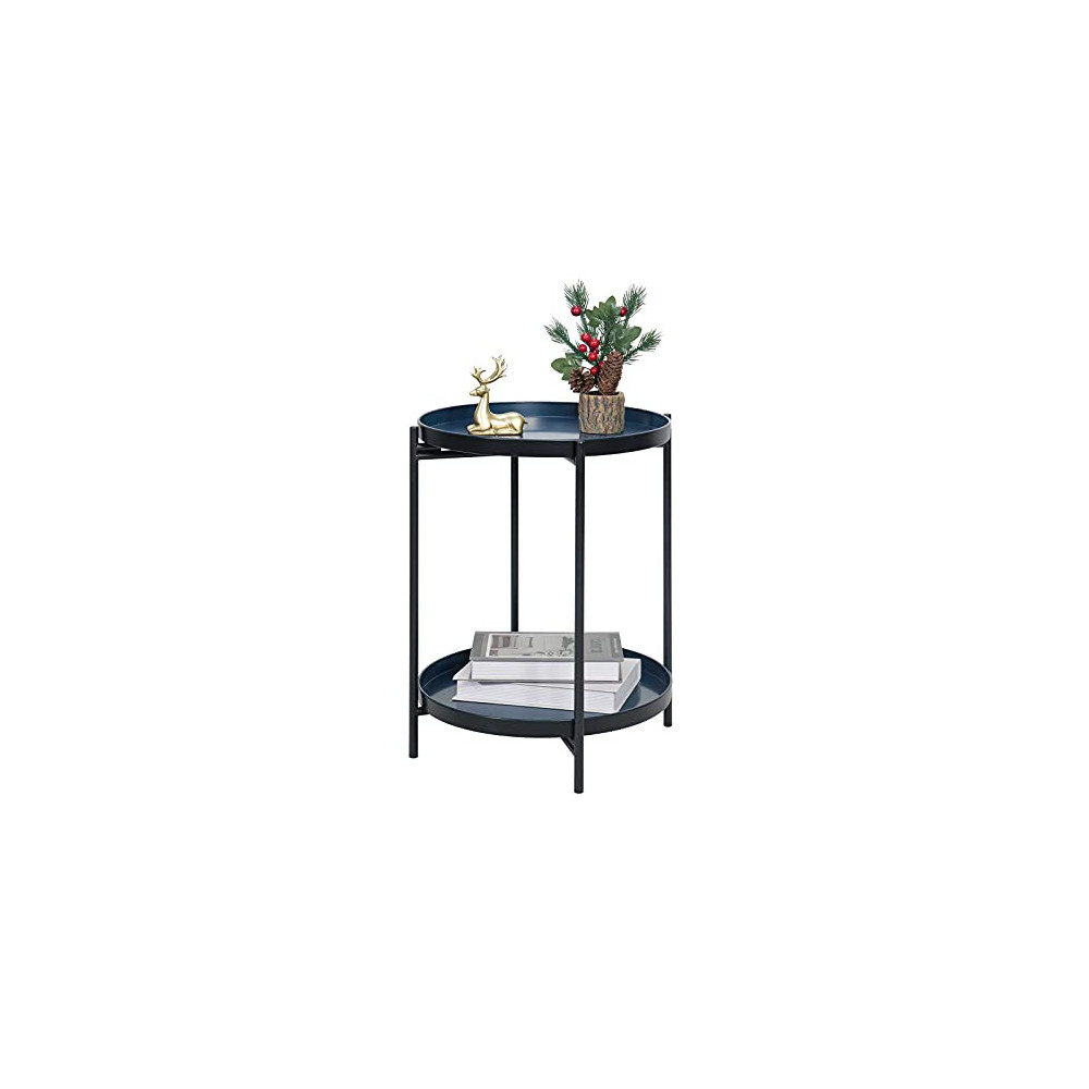 Side End Cooffe Accent Table -15.75” Diameter Accent Metal Round Modern 2-Tier Patio Table with Tray for Living Room Bedroom 