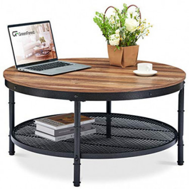 GreenForest Coffee Table Round 35.8 inch Industrial 2-Tier Sofa Table with Storage Open Shelf and Metal Legs for Living Room,