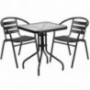 Flash Furniture 23.5 Square Glass Metal Table with 2 Black Metal Aluminum Slat Stack Chairs