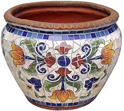Kioiien Hand-Printed Ceramic Mosaic Flower Pots Green Plant Succulent Plant Pots Indoor Outdoor Bonsai Pots Cylinder Planter 