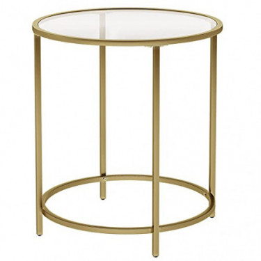VASAGLE Round Side Table, Glass End Table with Metal Frame, Small Coffee Accent Table, Bedside Table, Modern Style, for Livin
