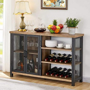 BON AUGURE Industrial Bar Cabinet for Liquor and Glasses, Rustic Wood and Metal Wine Rack Table,  Accent Sideboard Buffet wit