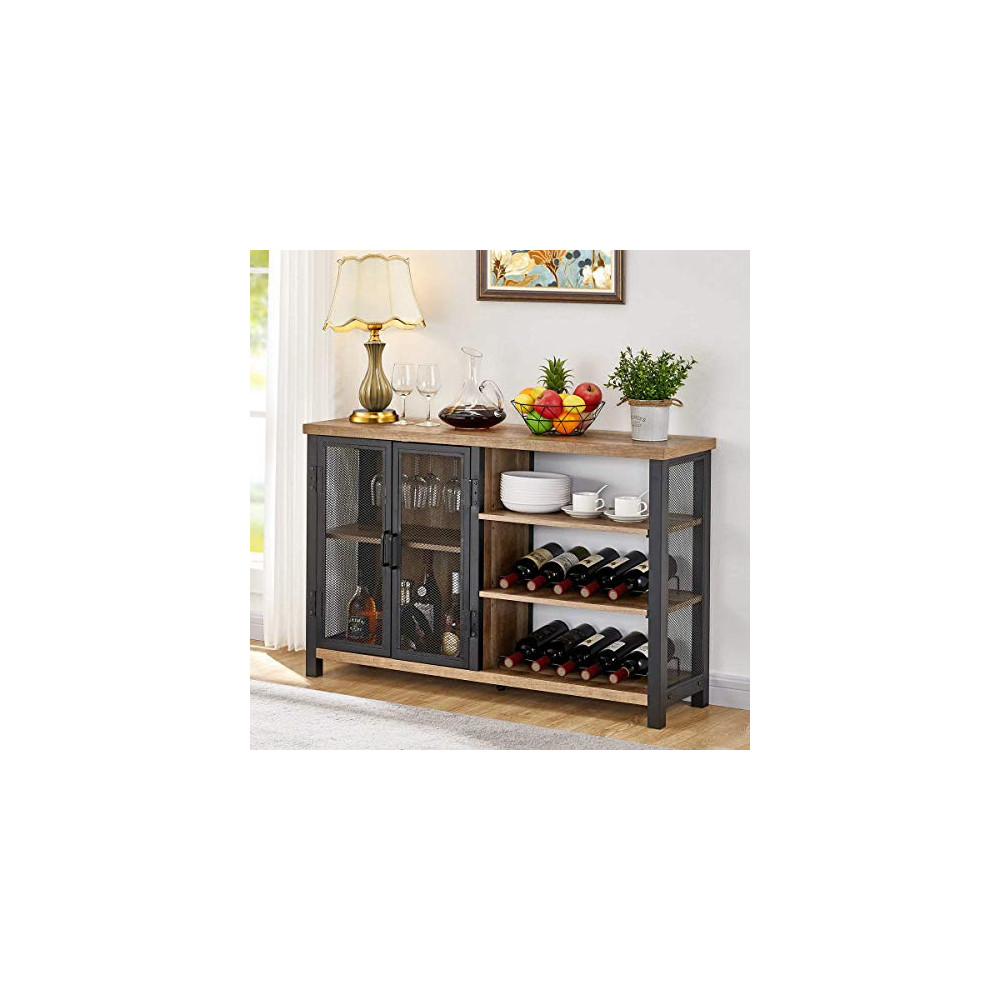 BON AUGURE Industrial Bar Cabinet for Liquor and Glasses, Rustic Wood and Metal Wine Rack Table,  Accent Sideboard Buffet wit