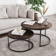 Nathan James Stella Round Modern Nesting Coffee Set of 2, Stacking Living Room Accent Tables with an Industrial Wood Finish a